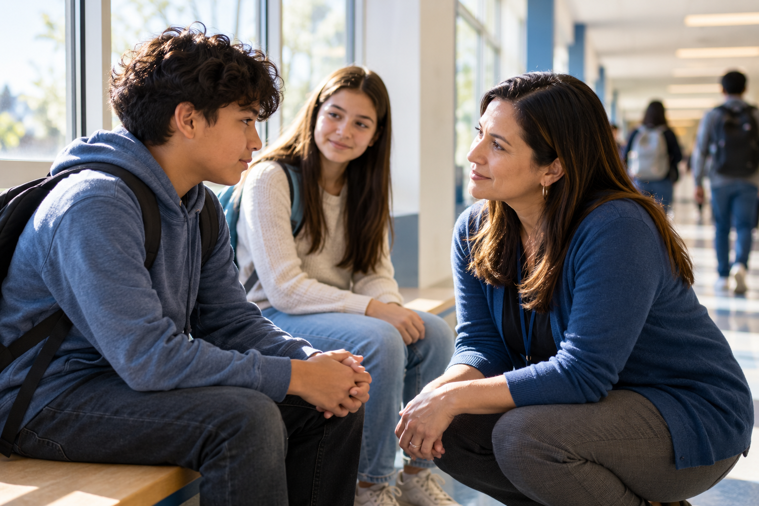 An educator listening to a student at school
